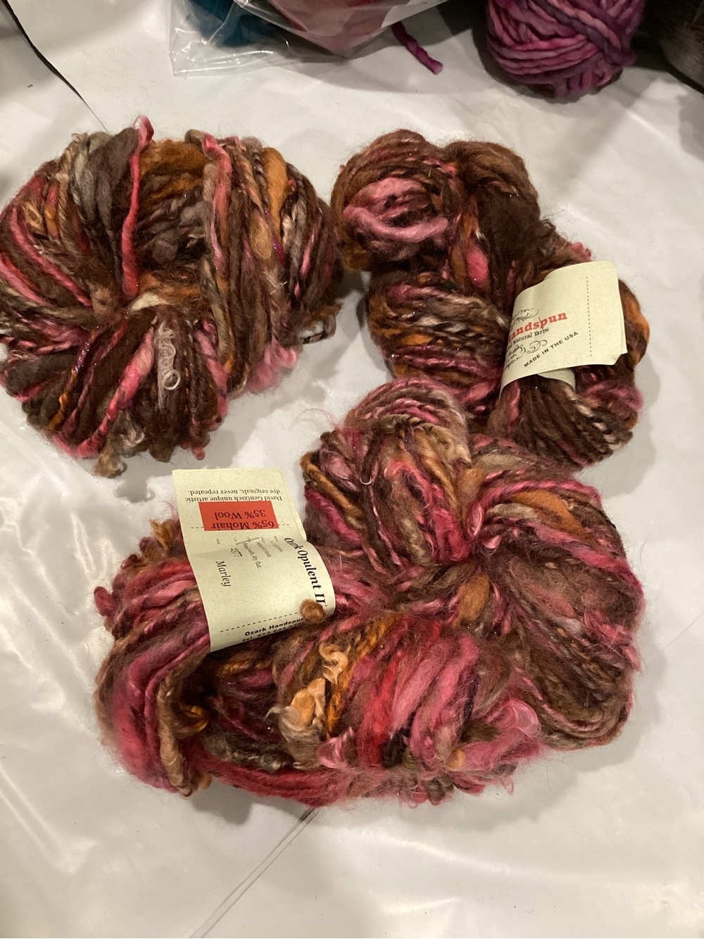 3 hanks of Ozark handspun Opulence II yarn in colorway Marley